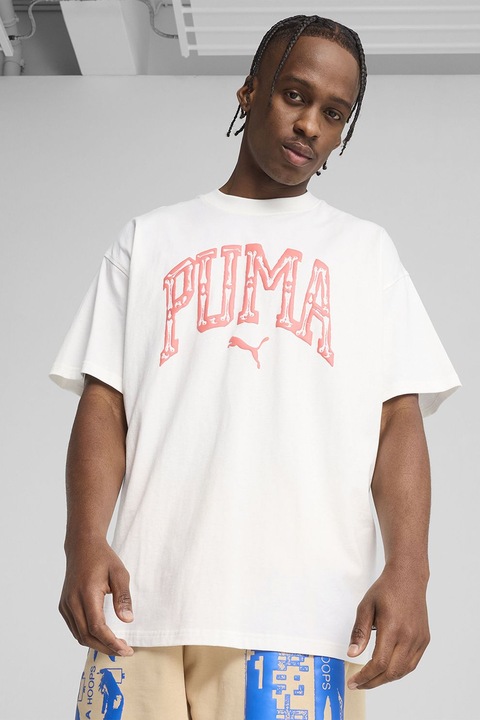 Puma, Tricou supradimensionat cu imprimeu, Fucsia/Alb optic