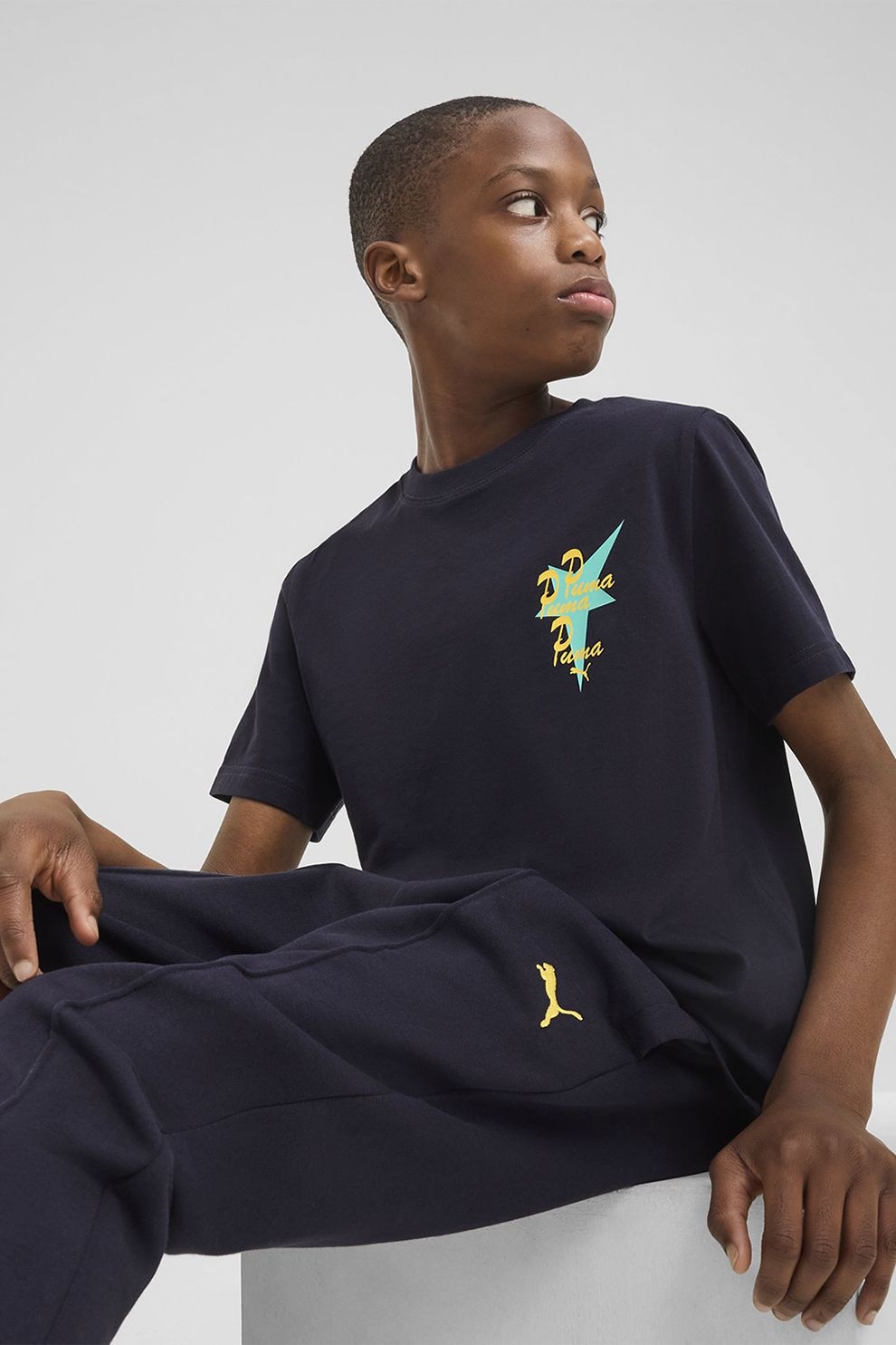Puma, Tricou din bumbac cu imprimeu pe partea din spate, Albastru ultramarin, Galben pai, 128 CM