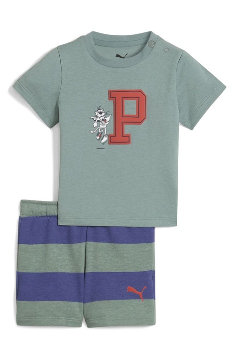 Puma, Trening cu pantaloni scurti din bumbac, Albastru royal/Verde pal/Rosu vermillion