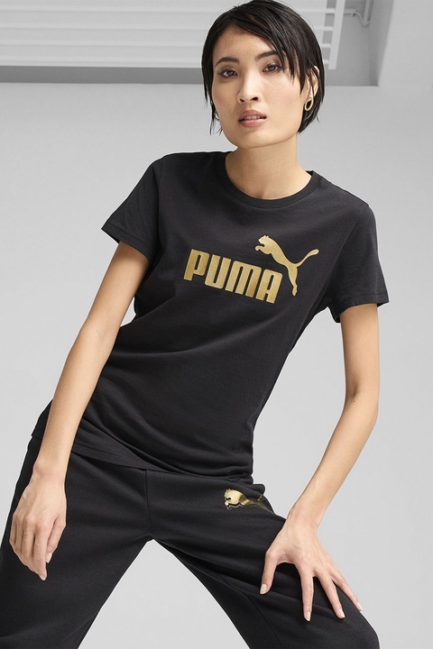 Puma, Памучна тениска с лого, Златист/Черен