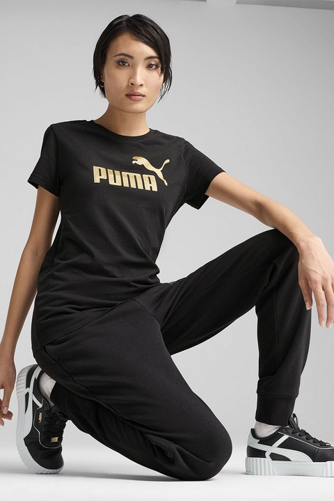 Puma, Tricou din bumbac cu imprimeu logo, Auriu/Negru