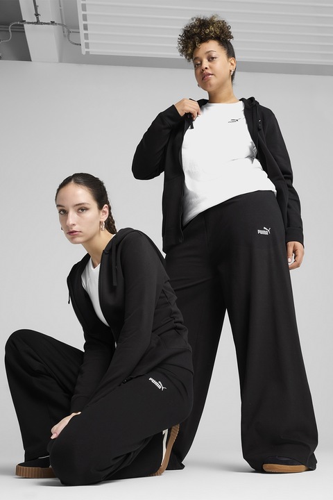 Puma, Спортен панталон с широк крачол и лого, Черен