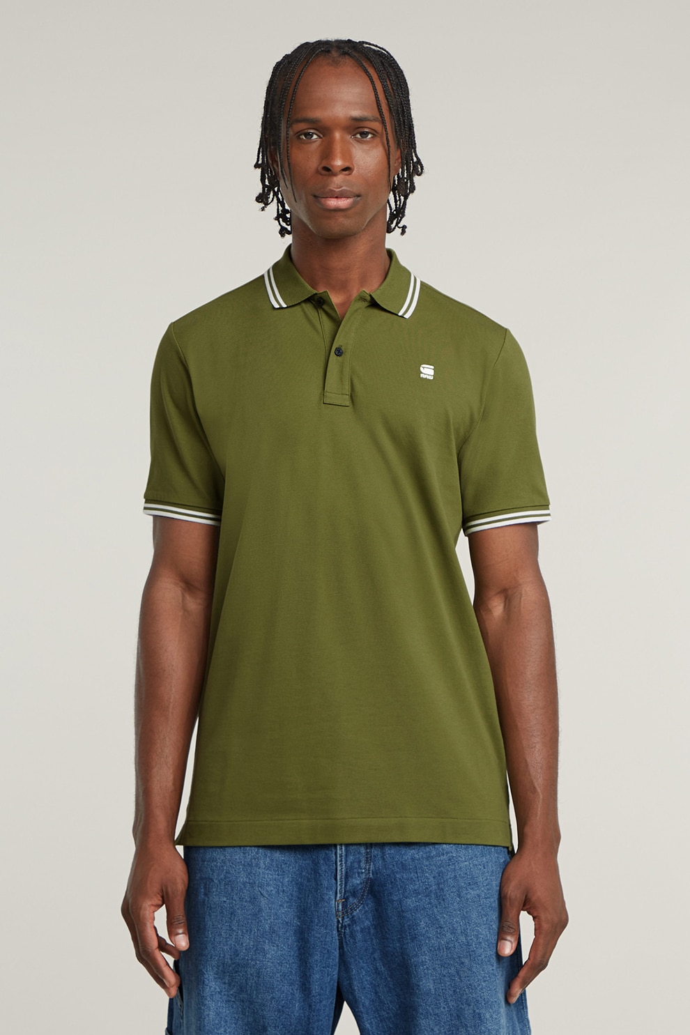 G-STAR, Tricou polo slim fit Dunda, Verde masliniu, Alb optic, S