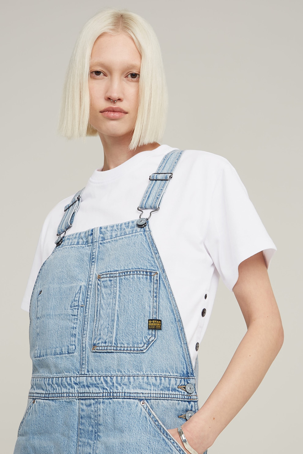 G-STAR, Rochie-sarafan din denim cu slit frontal, Albastru deschis melange, XS