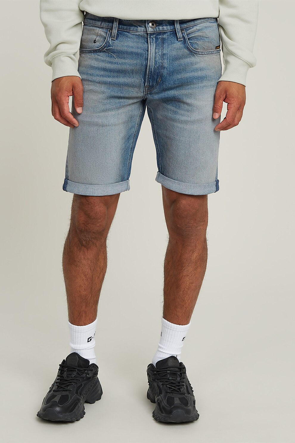 G-STAR, Blugi scurti din amestec de bumbac cu talie medie, Alb murdar, Albastru deschis, 34