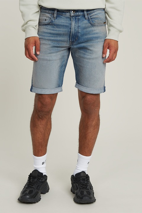 G-STAR, Blugi scurti din amestec de bumbac cu talie medie, Alb murdar/Albastru deschis