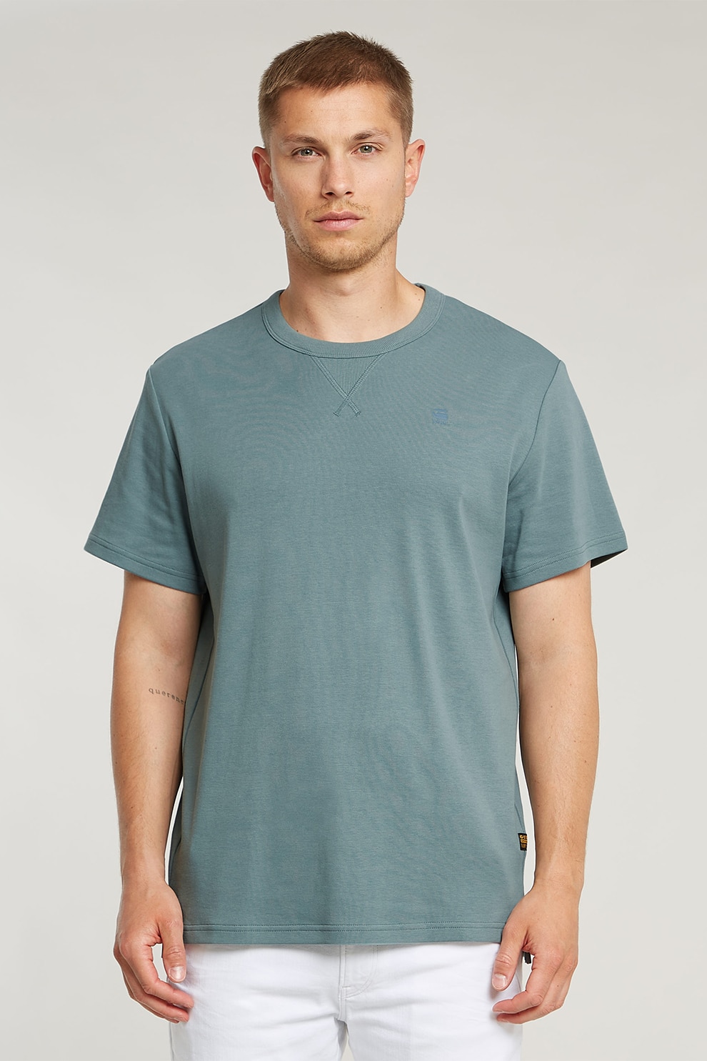 G-STAR, Tricou de bumbac organic cu decolteu la baza gatului, Gri cenusiu, S