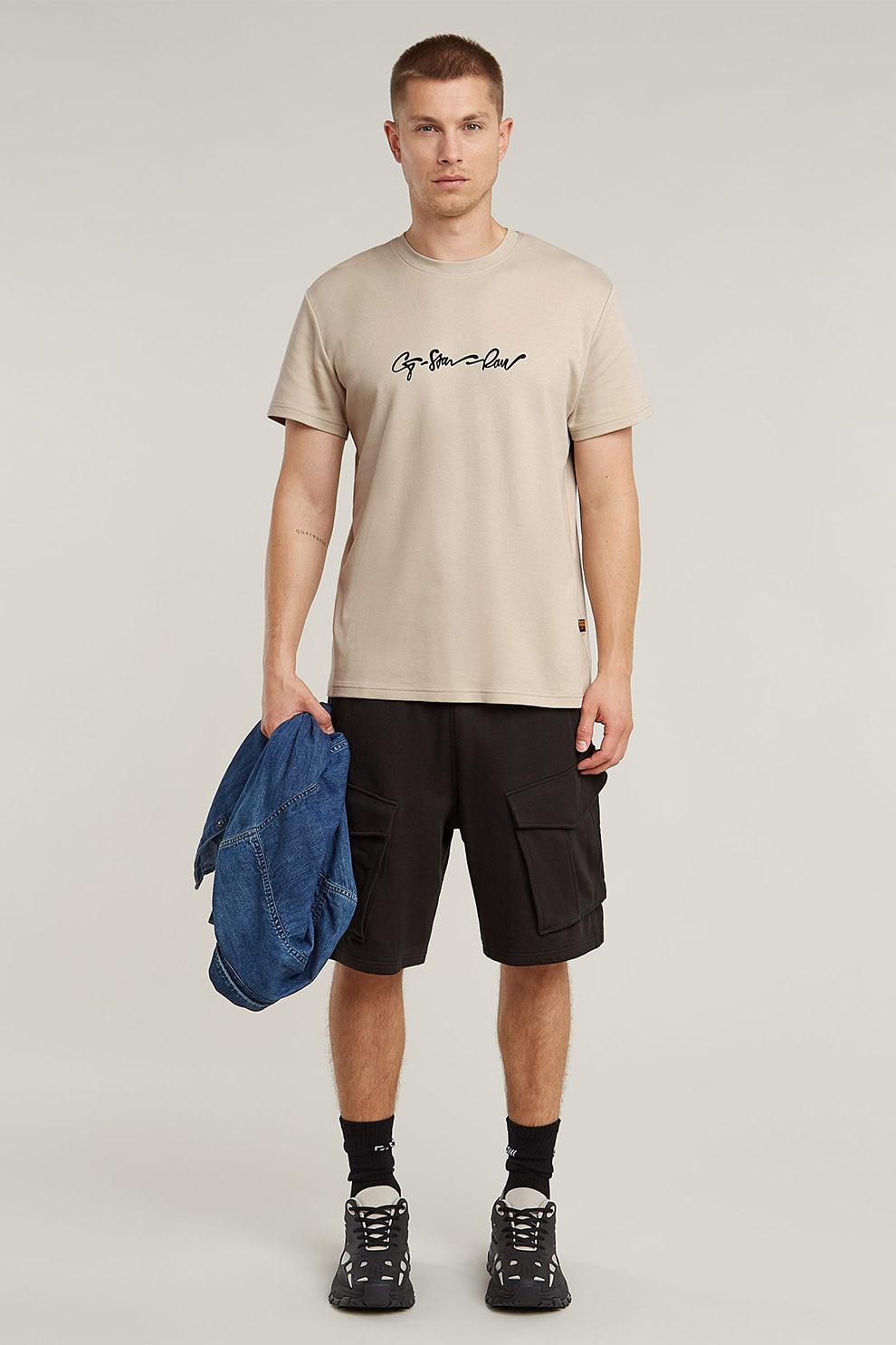 G-STAR, Pantaloni cargo scurti din bumbac organic cu talie elastica, Negru, M