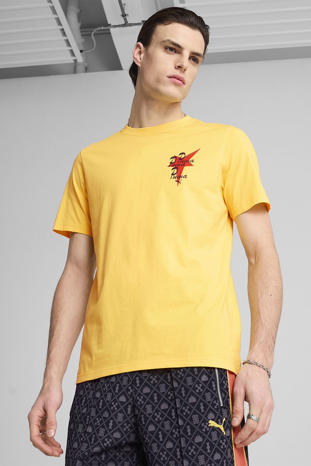 Puma, Tricou regular fit de bumbac cu logo, Rosu, Galben, L