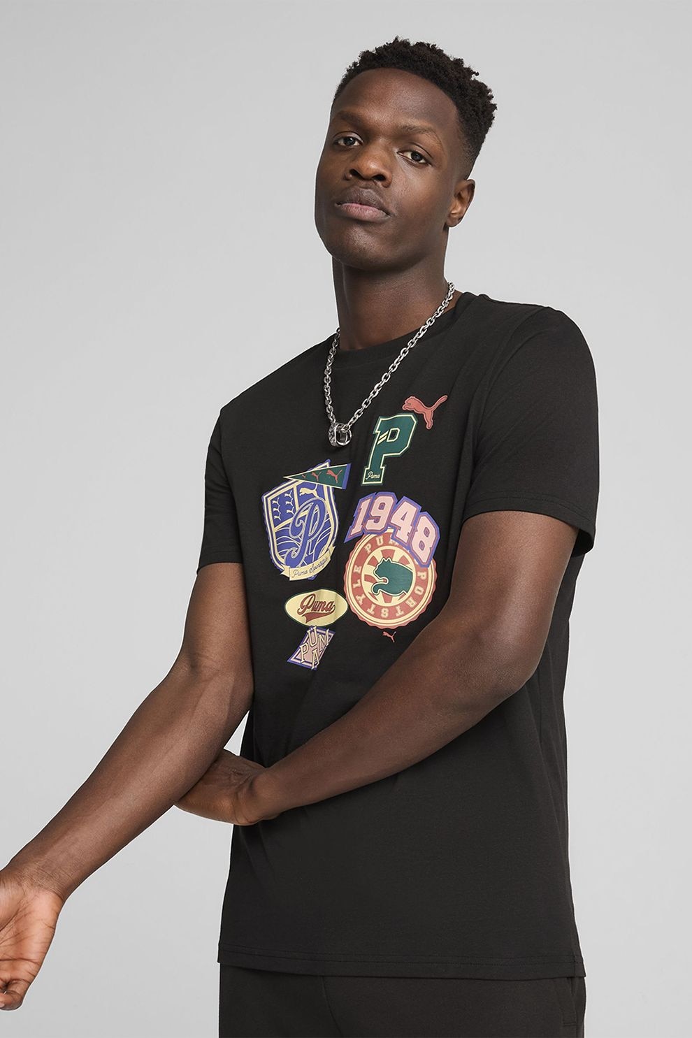 Puma, Tricou regular fit de bumbac cu logo, Negru, Bej, XL