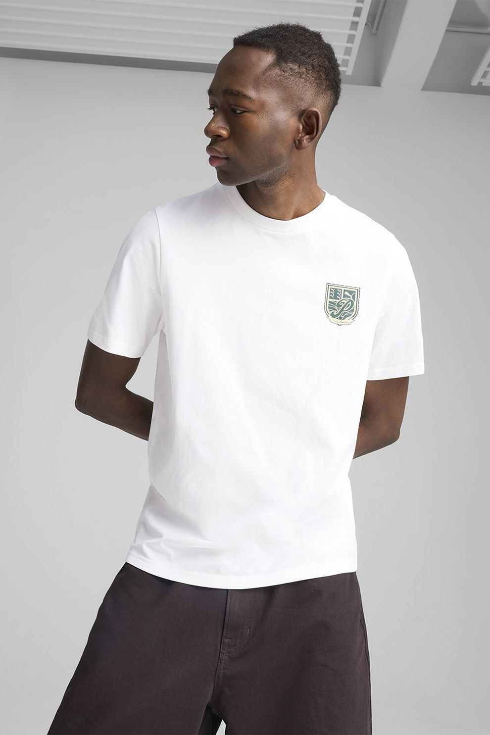 Puma, Tricou de bumbac cu imprimeu pe partea din spate, Alb, Verde, S