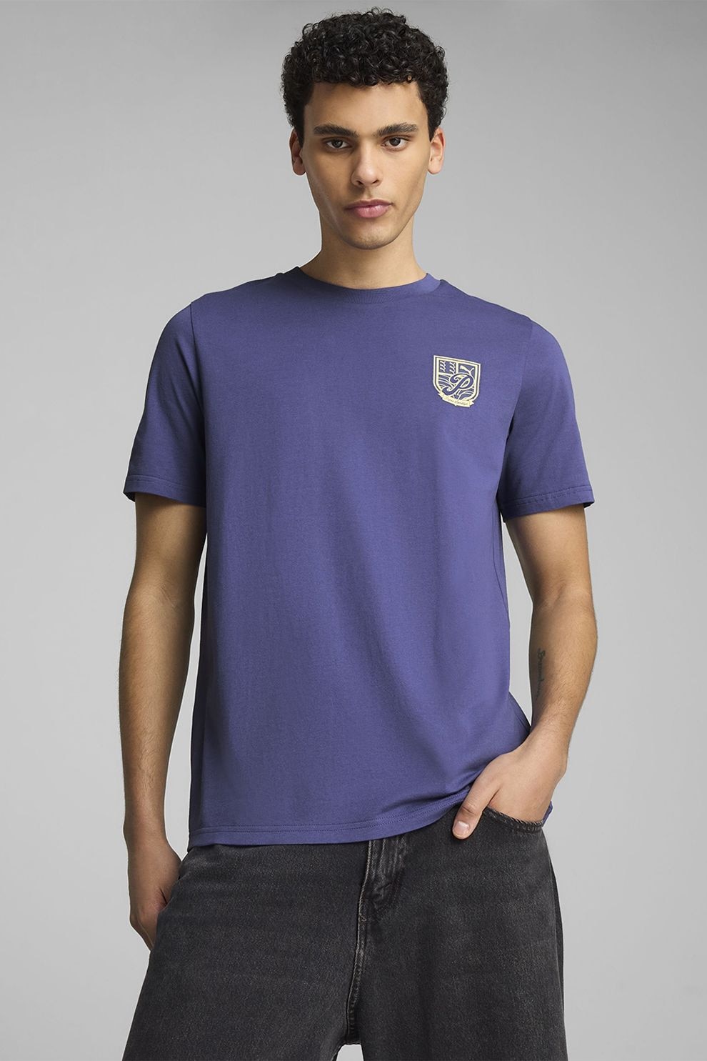 Puma, Tricou de bumbac cu imprimeu pe partea din spate, Violet, Bej, 2XL