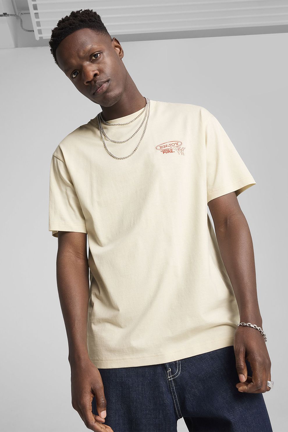 Puma, Tricou de bumbac cu imprimeu logo, Rosu, Crem, M