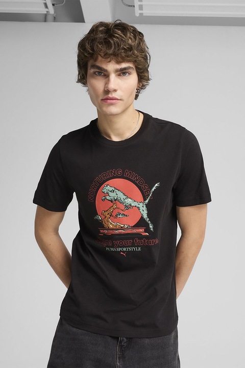 Puma, Tricou de bumbac cu decolteu la baza gatului, Negru/Coral