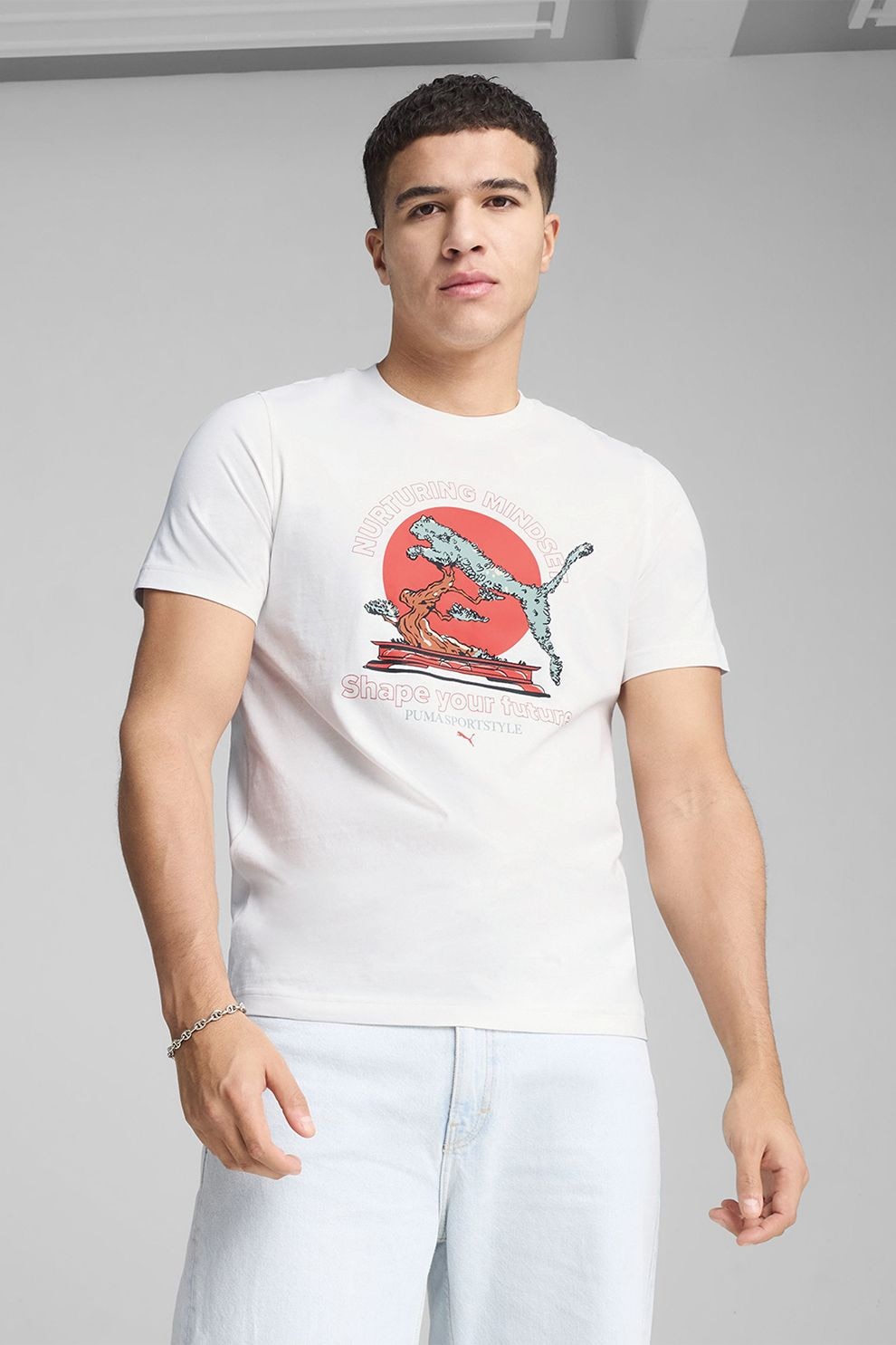 Puma, Tricou de bumbac cu decolteu la baza gatului, Alb, Corai, L