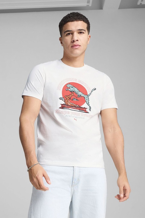 Puma, Tricou de bumbac cu decolteu la baza gatului, Alb/Coral