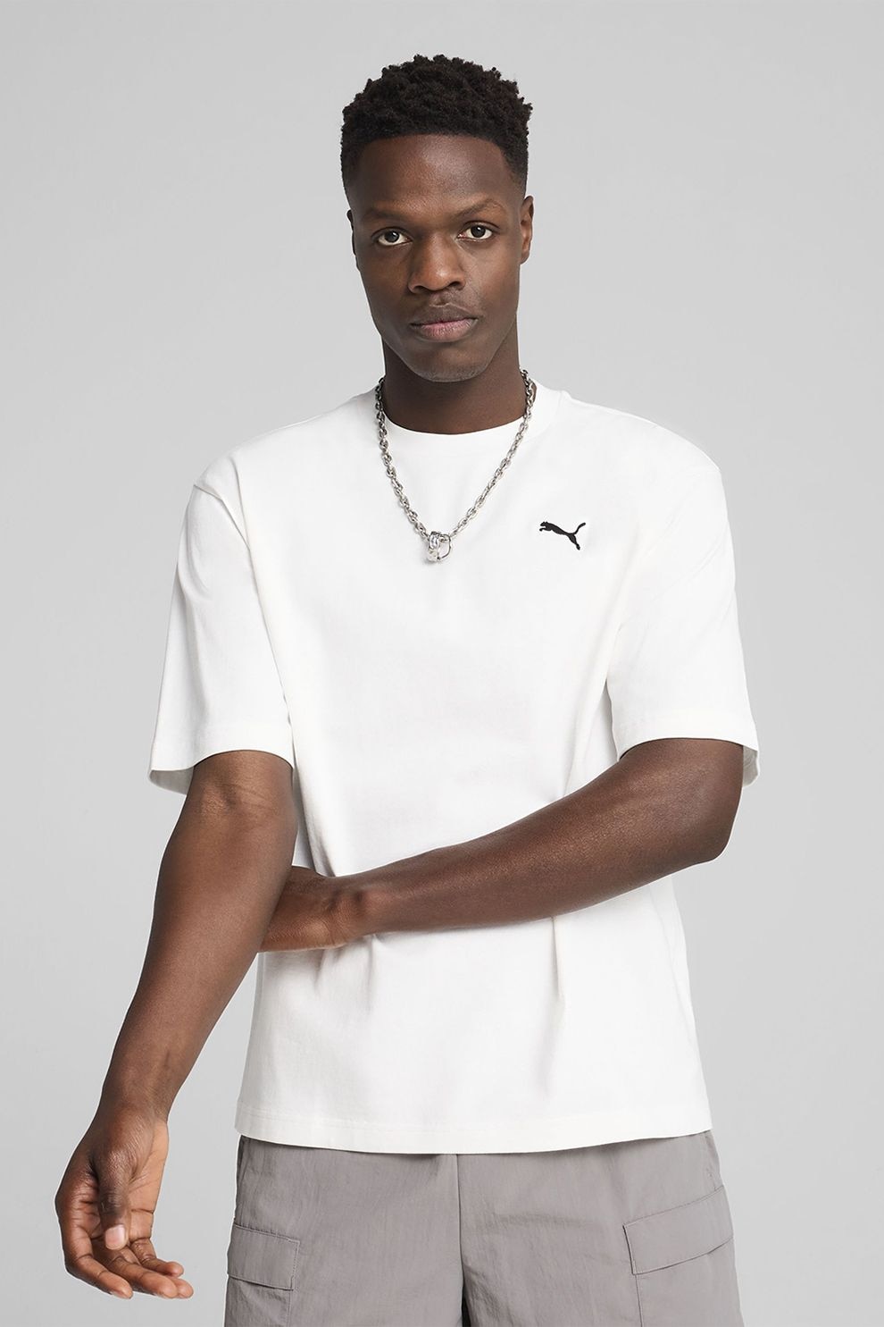 Puma, Tricou de bumbac cu decolteu la baza gatului, Alb, XL