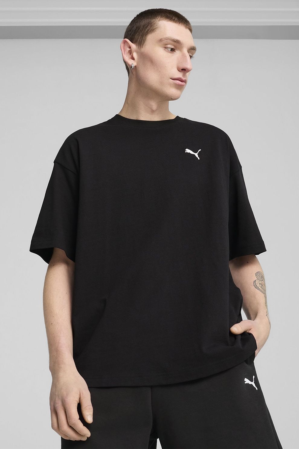 Puma, Tricou de bumbac cu decolteu la baza gatului si logo discret, Negru, XL