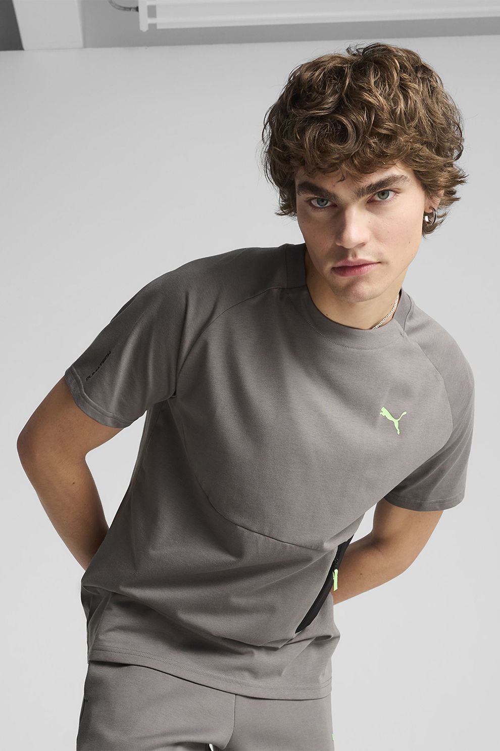 Puma, Tricou din amestec de bumbac cu decolteu la baza gatului, Grej, L