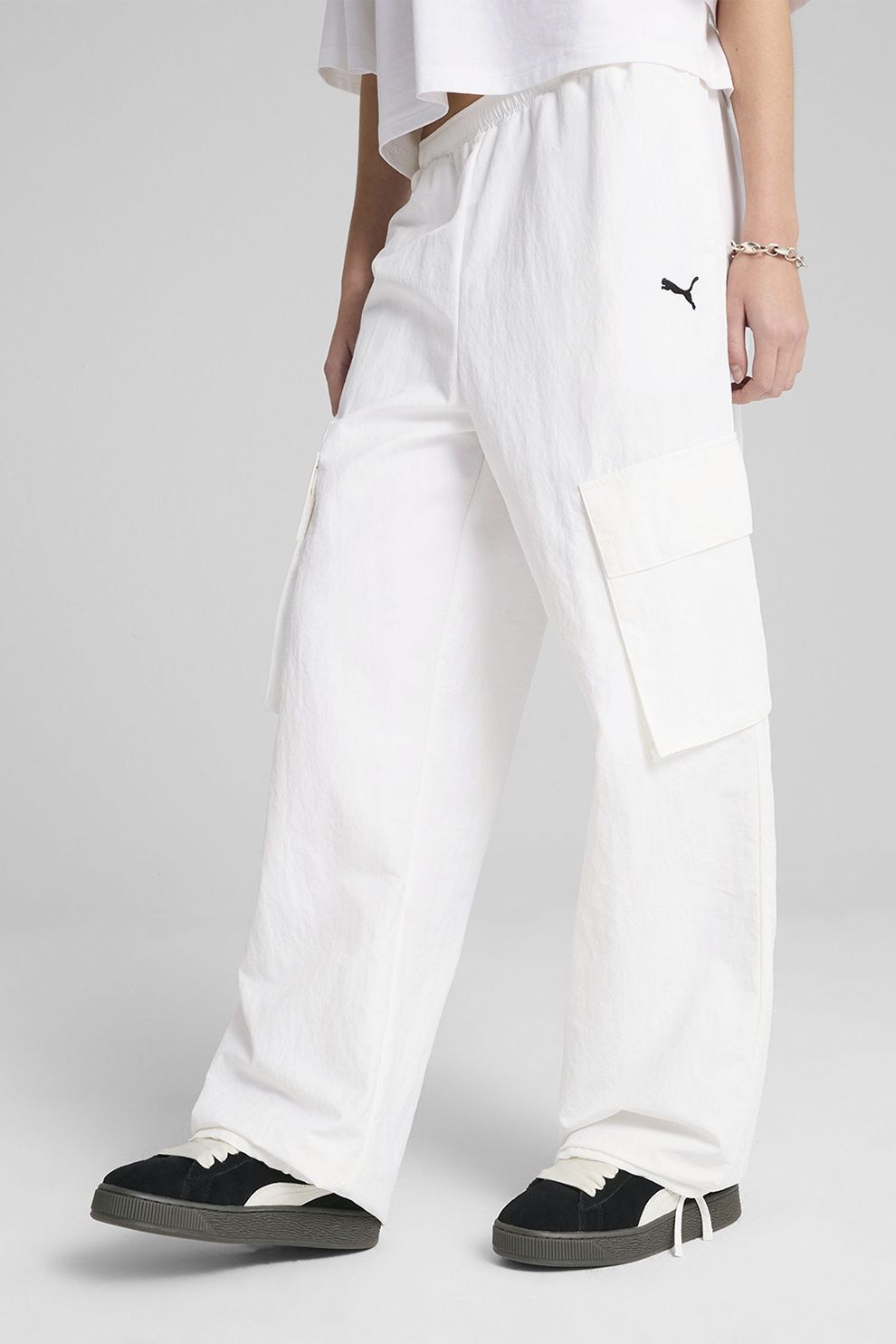 Puma, Pantaloni evazati cu finisaj impermeabil si buzunare, Alb, M