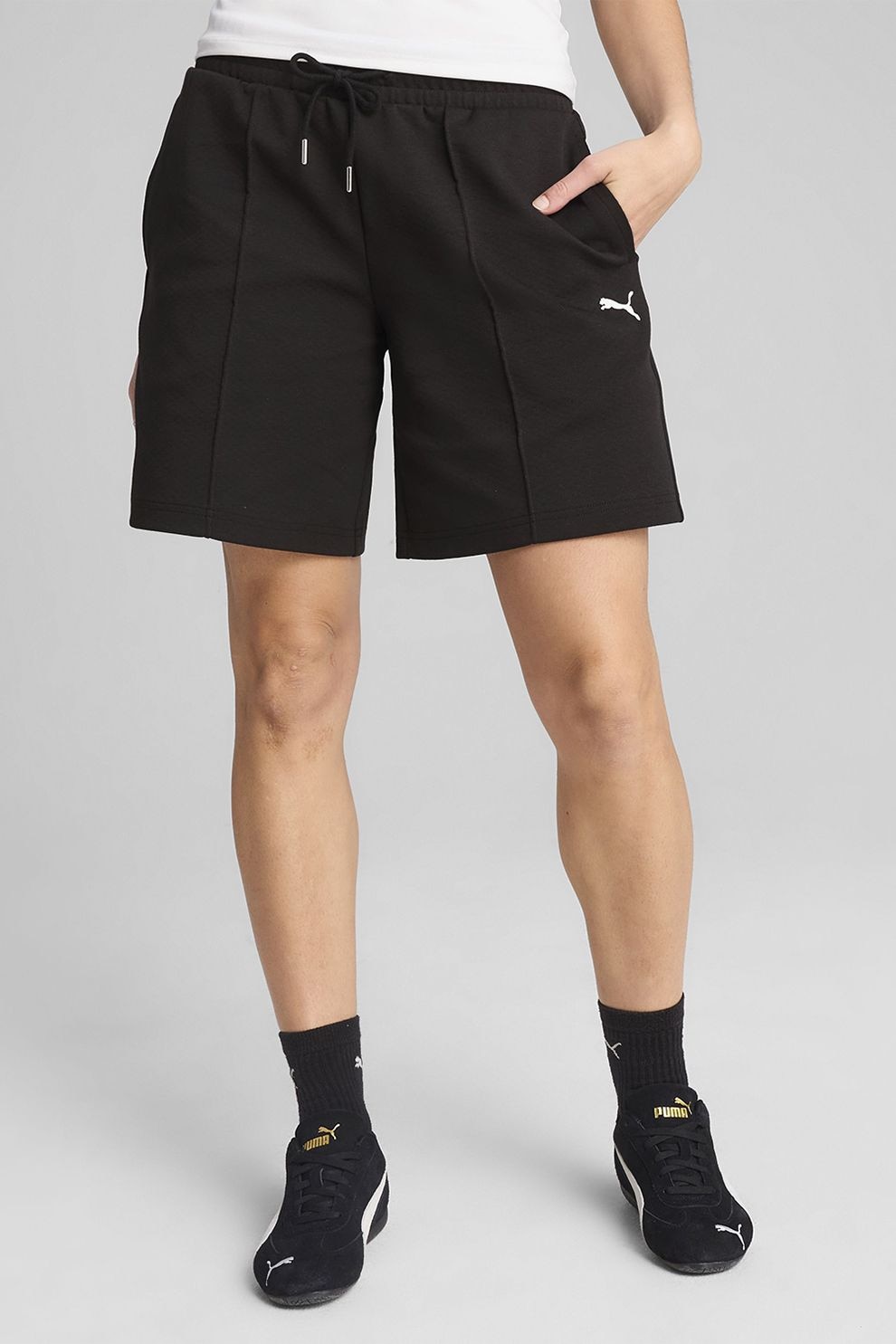 Puma, Pantaloni scurti cu talie inalta si logo, Negru, M