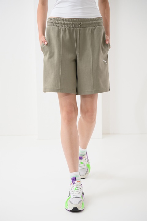 Puma, Pantaloni scurti cu talie inalta si logo, Maro deschis, S
