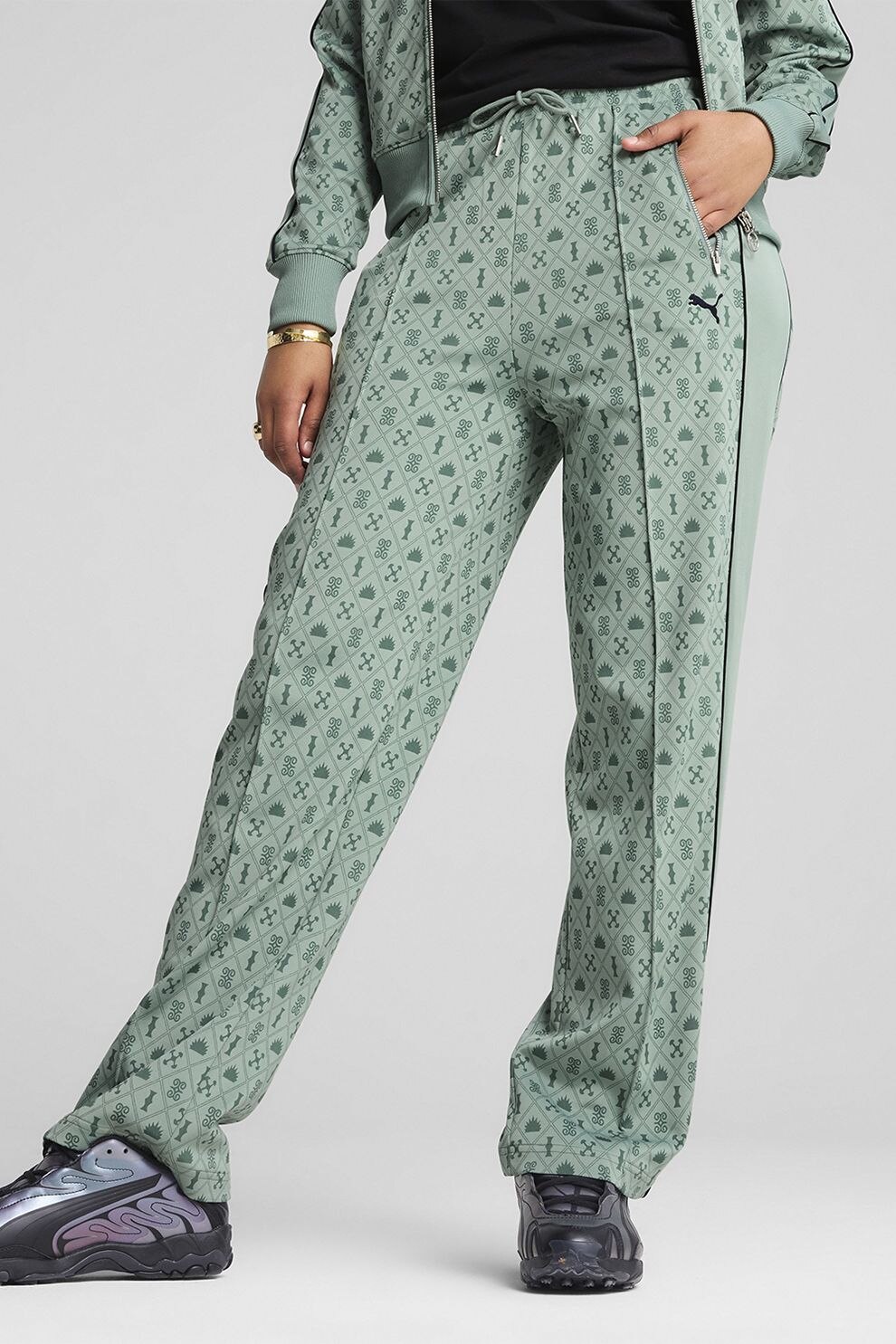 Puma, Pantaloni relaxed-fit cu model, Verde deschis, M