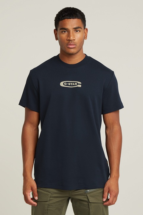 G-STAR, Тениска от органичен памук с лого, Ултрамарин синьо/Бежов