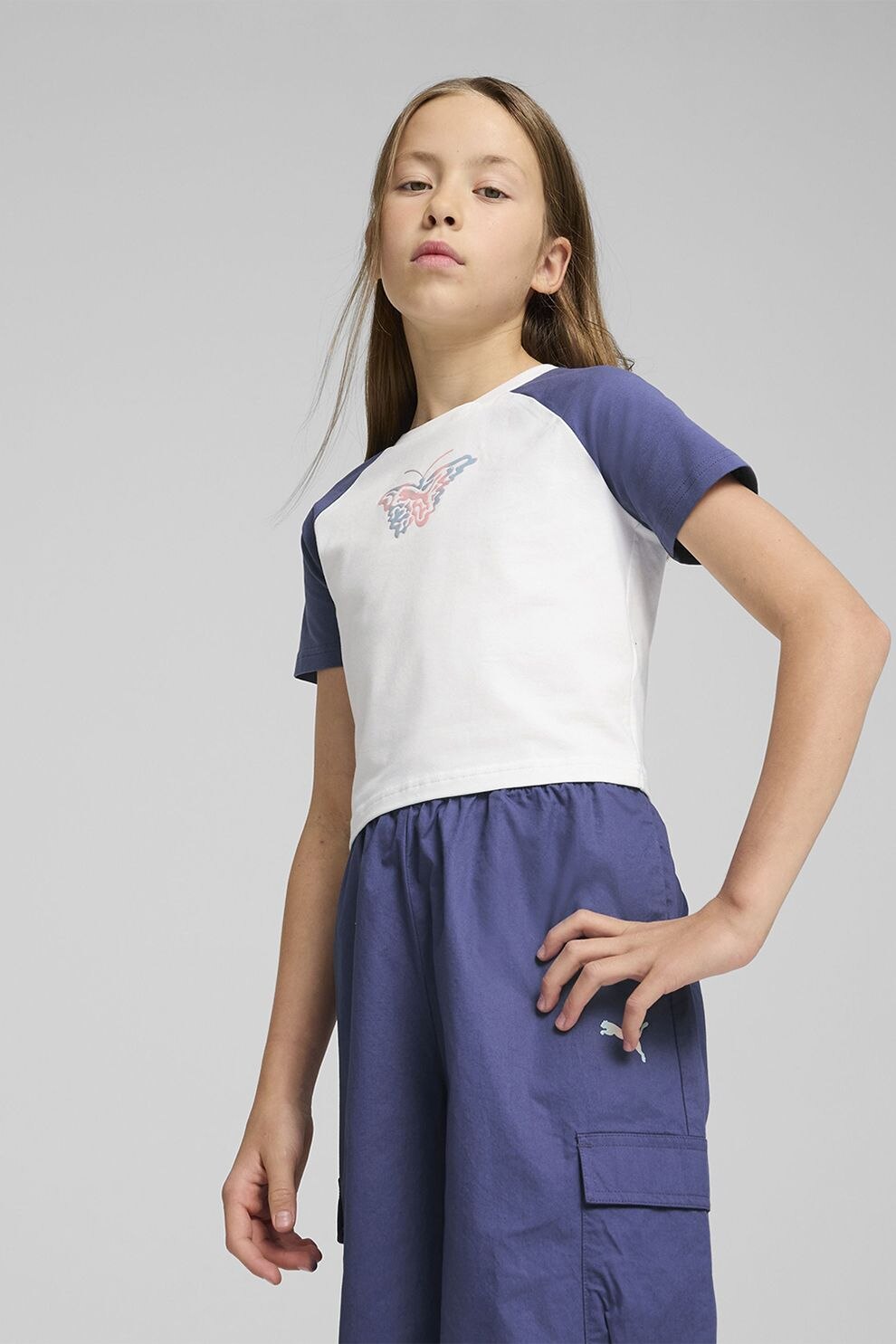 Puma, Tricou crop cu model grafic, Alb, Albastru prafuit, 152 CM