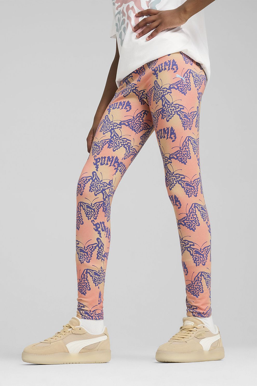 Puma, Colanti din amestec de bumbac cu model butterfly, Albastru inchis, Roz somon, 176 CM