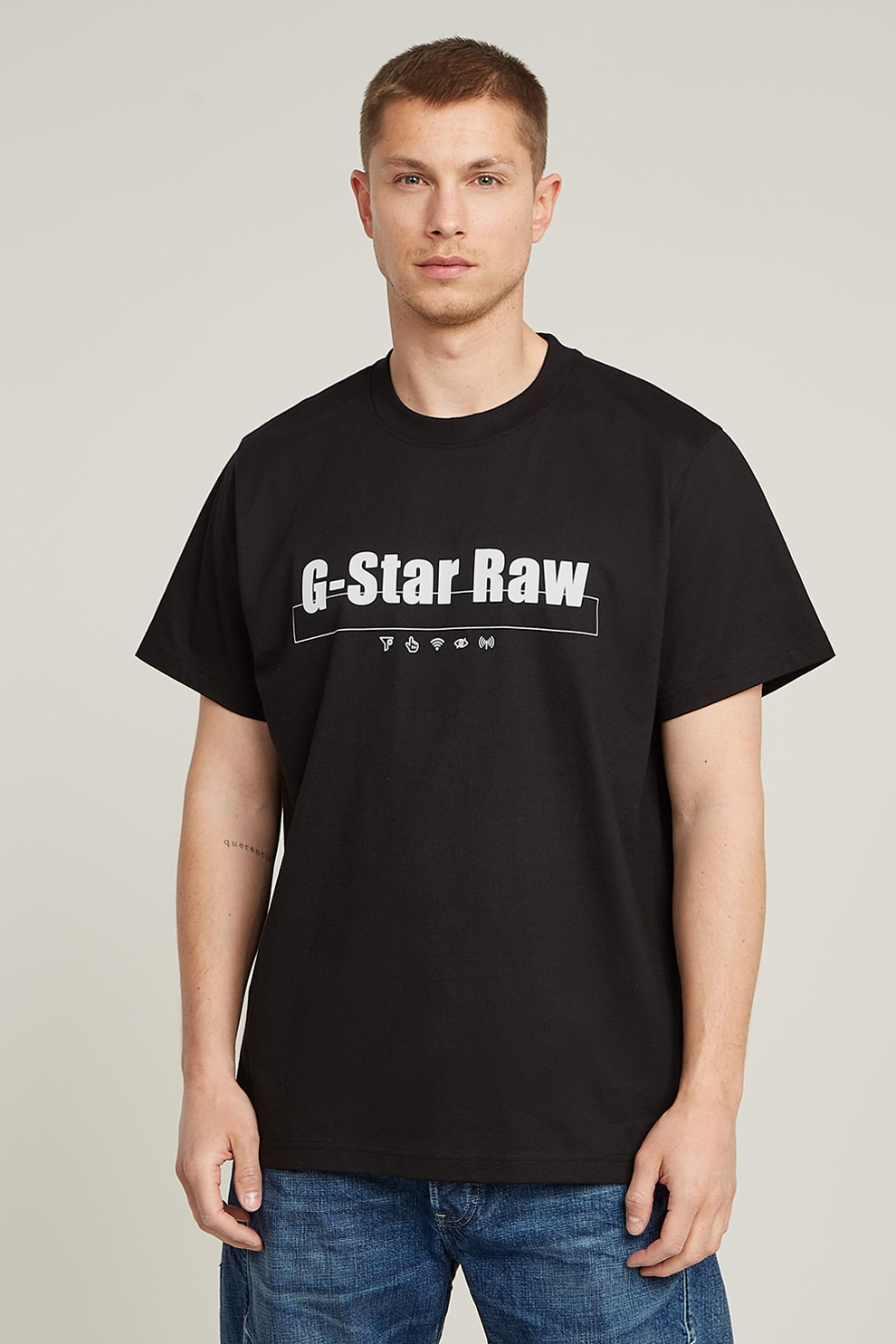 G-STAR, Tricou de bumbac organic cu logo, Alb, Negru, S