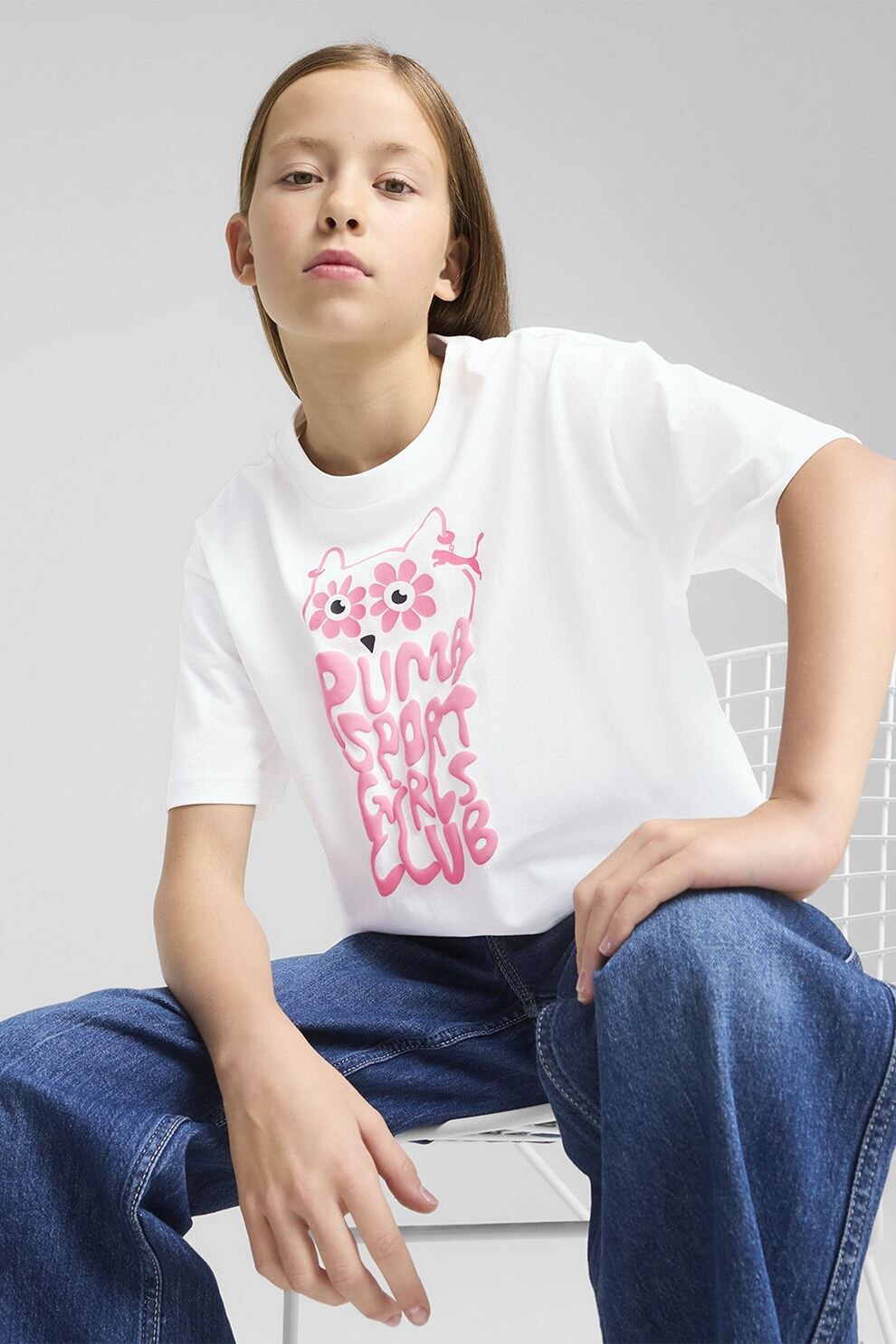 Puma, Tricou crop din bumbac cu model text, Roz deschis, Alb optic, 128 CM