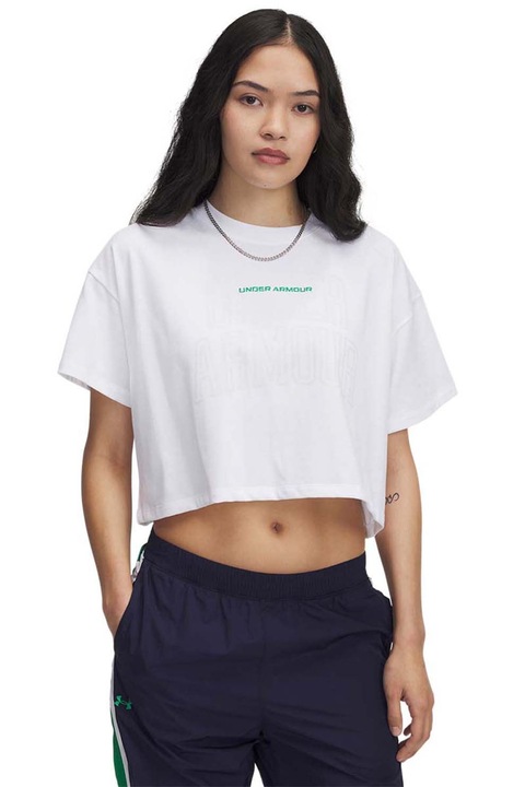 Under Armour, Tricou crop din amestec de bumbac cu logo pentru fitness, Alb, M