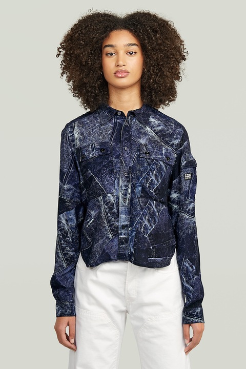 G-STAR, Риза с принт, Бял/Ултрамарин синьо/Син