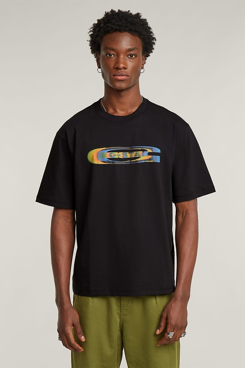 G-STAR, Тениска от органичен памук с принт, Черен/Жълт/Син