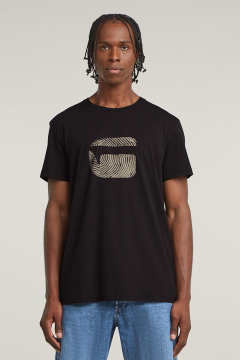 G-STAR, Тениска от органичен памук с принт, Черен/Прашно жълто