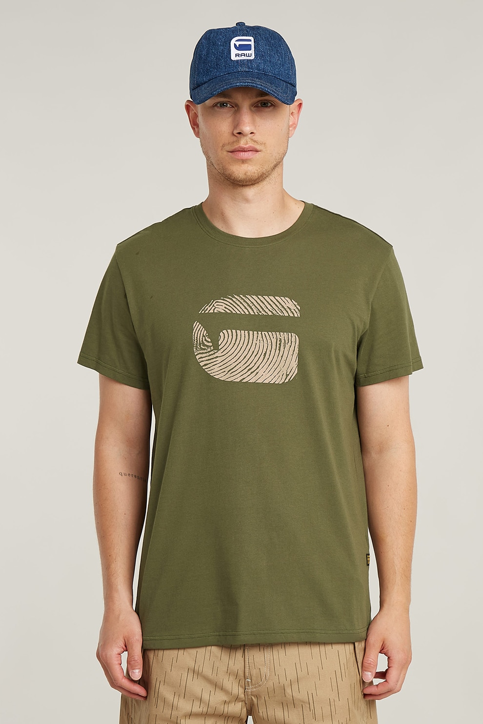 G-STAR, Tricou din bumbac organic cu imprimeu grafic, Verde masliniu, Bej deschis, S