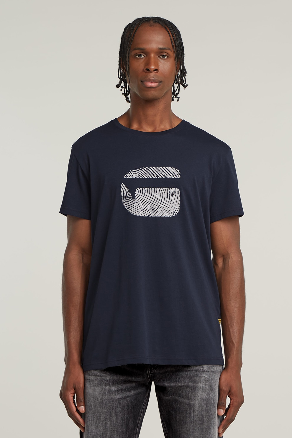 G-STAR, Tricou din bumbac organic cu imprimeu grafic, Alb optic, Bleumarin, S