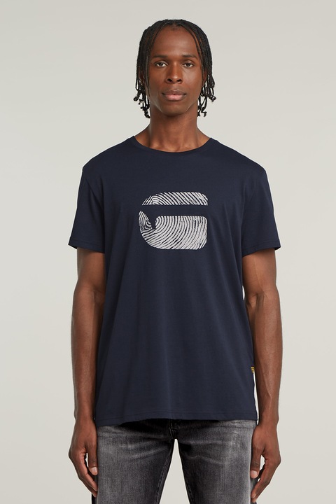 G-STAR, Тениска от органичен памук с принт, Бял/Тъмносин