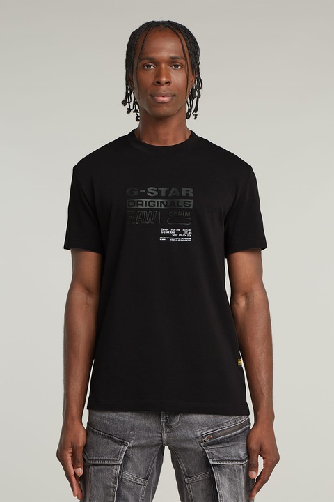 G-STAR, Тениска с овално деколте и лого, Черен/Мръснобял