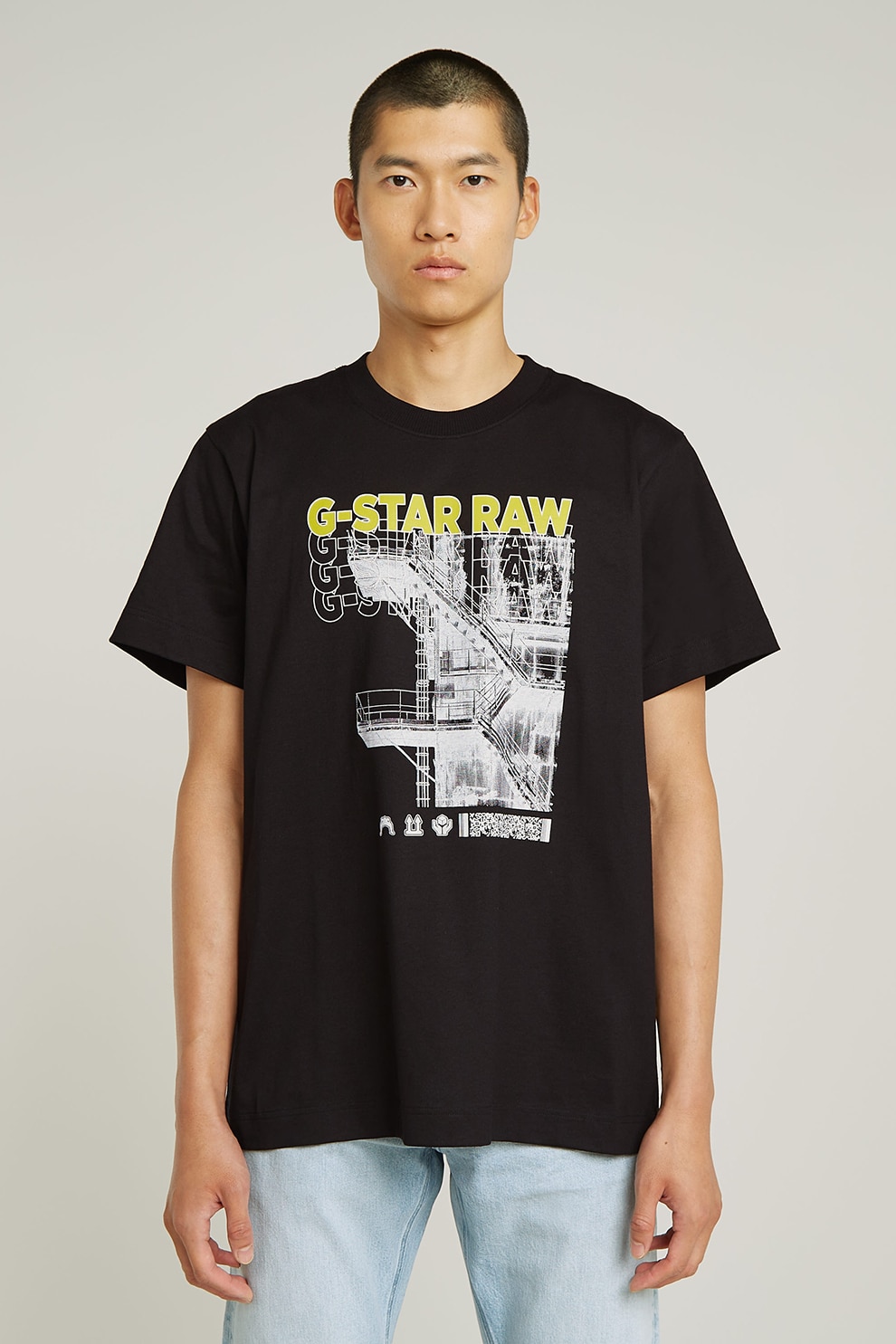 G-STAR, Tricou lejer din bumbac organic cu imprimeu, Negru, Galben, Alb optic, M