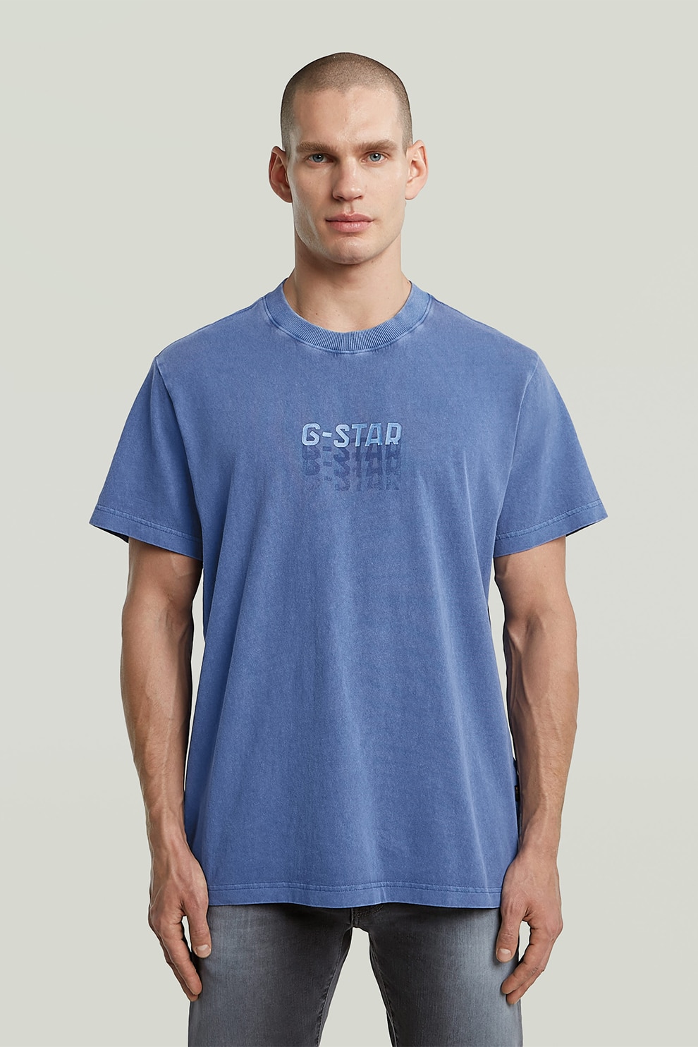 G-STAR, Tricou din bumbac organic cu decolteu la baza gatului, Albastru azur, L