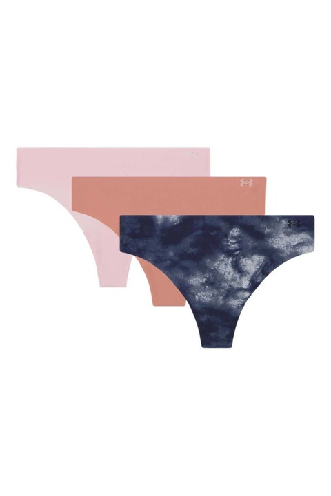 Under Armour, Set de chiloti tanga fara cusaturi pentru antrenament Pure Stretch - 3 perechi, Roz/Bleumarin