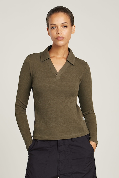 G-STAR, Pulover de bumbac organic cu guler polo, Kaki pal