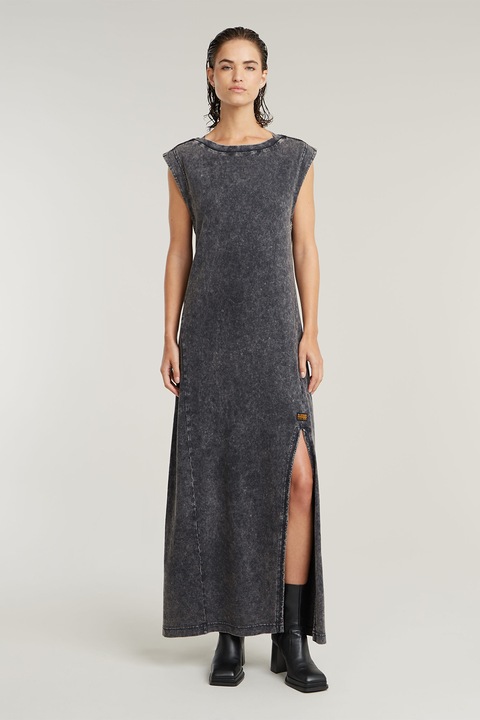 G-STAR, Дълга рокля от органичен памук с цепка, Антрацитно сиво