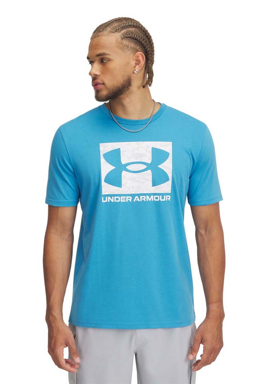 Under Armour, Tricou cu decolteu rotund si logo ABC Camo, Alb, Albastru glaciar, S
