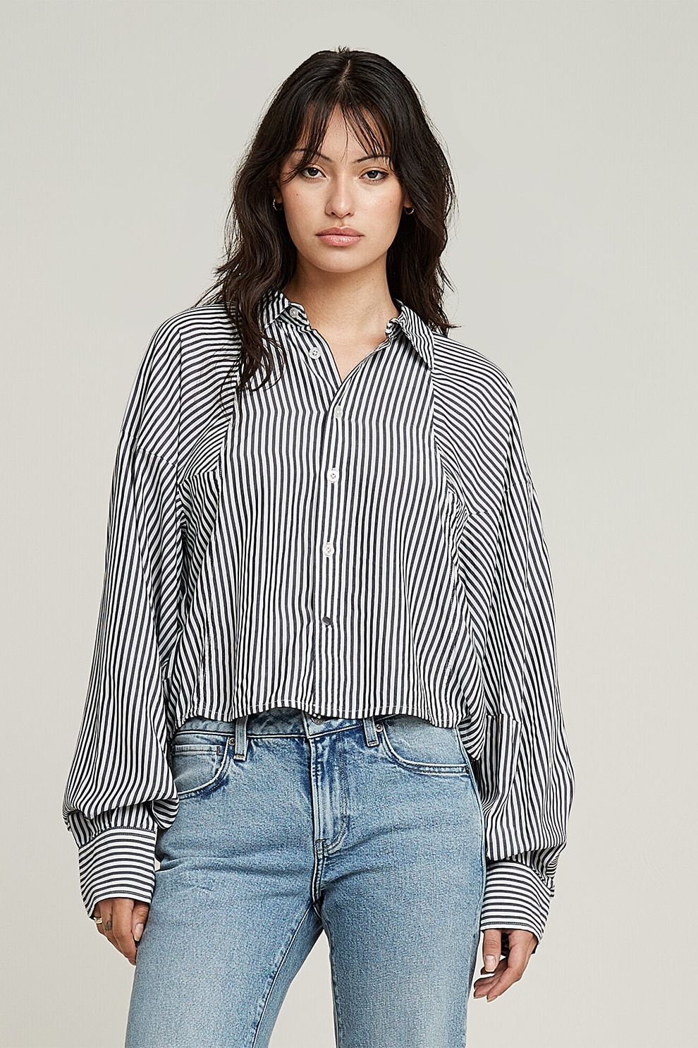 G-STAR, Camasa lejera din modal cu model in dungi, Alb, Negru, M
