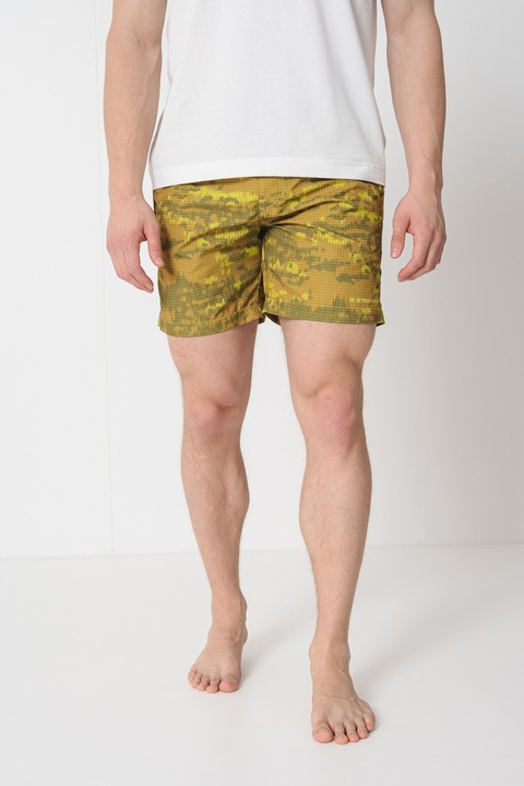 G-STAR, Pantaloni scurti de baie cu cordon in talie si model, Verde lime/Verde feriga