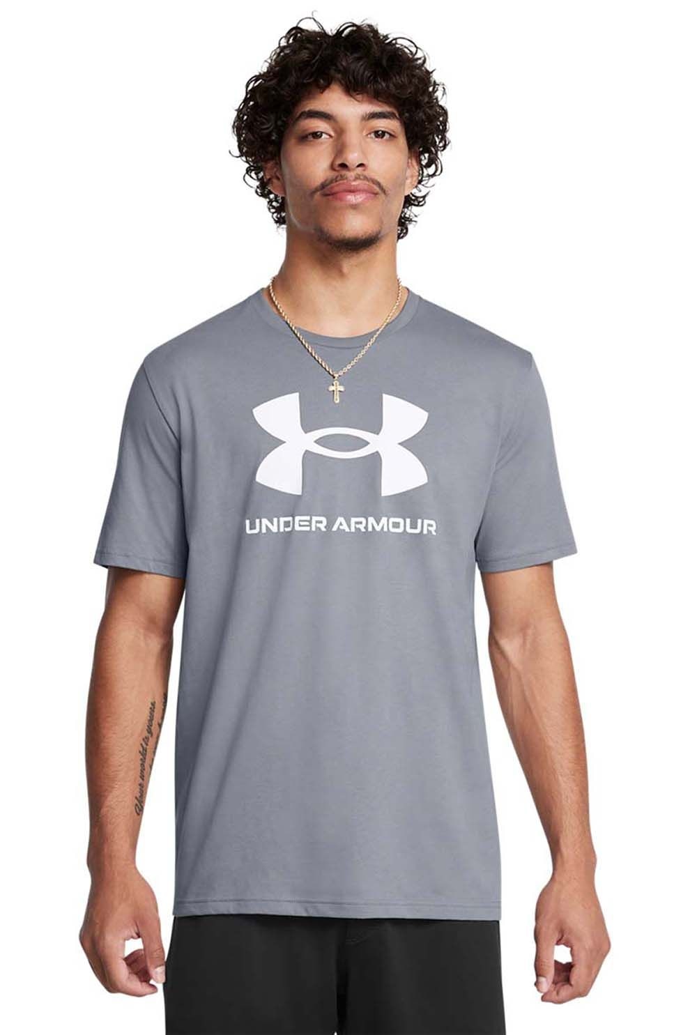 Under Armour, Tricou lejer cu imprimeu logo, Alb, Gri cenusiu, L