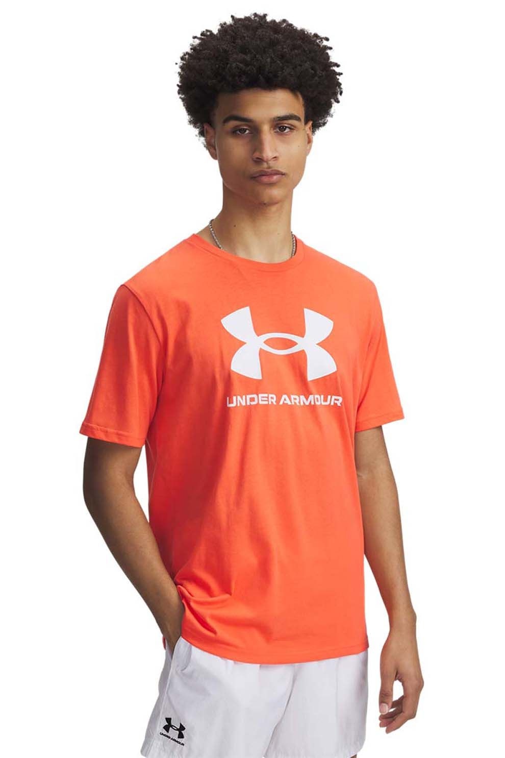 Under Armour, Tricou lejer cu imprimeu logo, Alb, Portocaliu mandarina, L